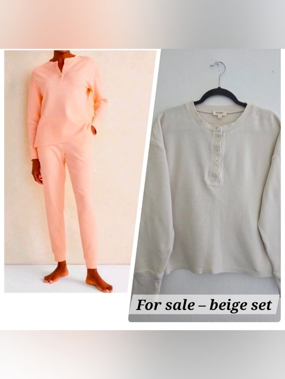Haven Well Within Women PJ Set Beige Thermal Waffle-Knit Henley & Joggers Sz L/M